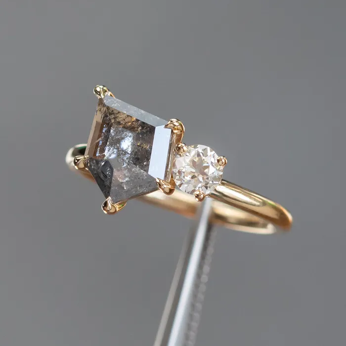 119ct Salt Pepper shield rosecut Diamond and Antique Old Mine Cut Diamond Ring in 14k Yellow Gold Anueva Jewelry Rings