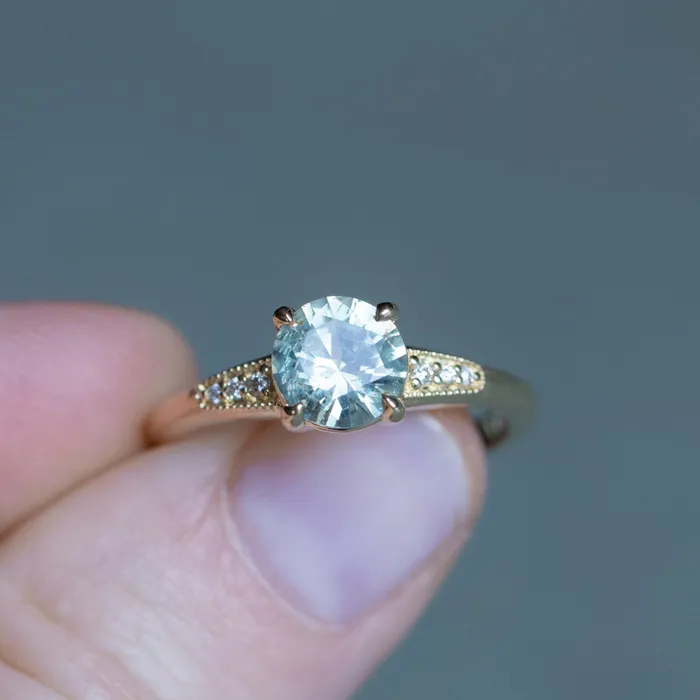 132ct Untreated Round BlueGreen Montana Sapphire Four Prong Low Profile Milgrain and Diamond Ring in 14k Yellow Gold Anueva Jewelry Rings