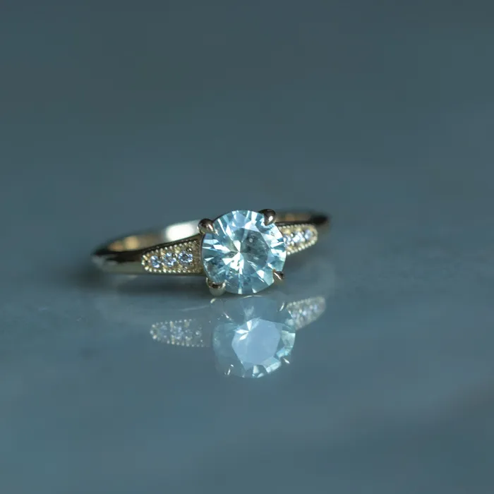 132ct Untreated Round BlueGreen Montana Sapphire Four Prong Low Profile Milgrain and Diamond Ring in 14k Yellow Gold Anueva Jewelry Rings