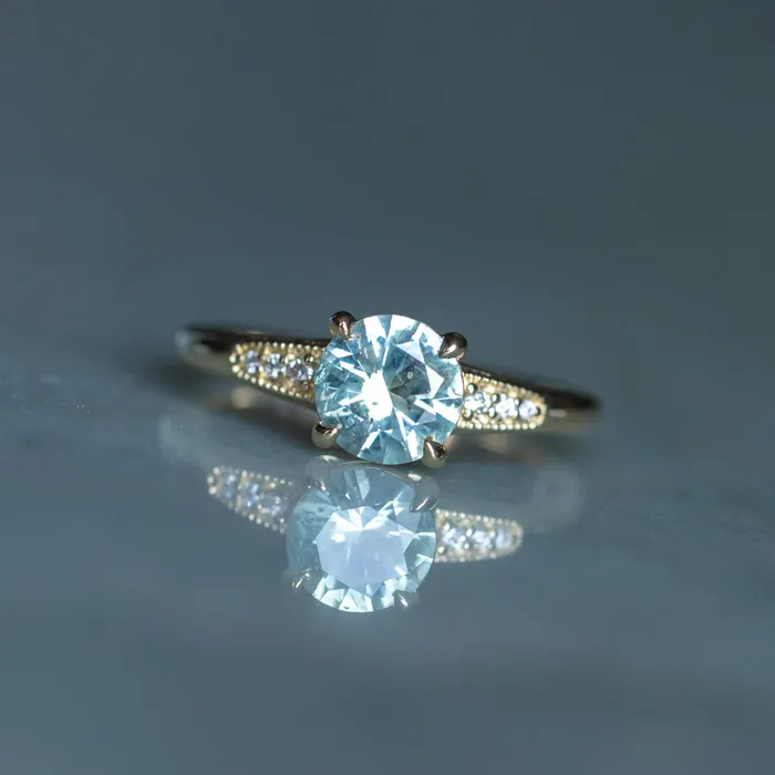132ct Untreated Round BlueGreen Montana Sapphire Four Prong Low Profile Milgrain and Diamond Ring in 14k Yellow Gold Anueva Jewelry Rings