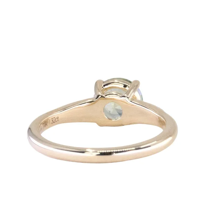 132ct Untreated Round BlueGreen Montana Sapphire Four Prong Low Profile Milgrain and Diamond Ring in 14k Yellow Gold Anueva Jewelry Rings