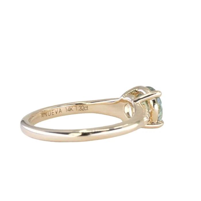 132ct Untreated Round BlueGreen Montana Sapphire Four Prong Low Profile Milgrain and Diamond Ring in 14k Yellow Gold Anueva Jewelry Rings