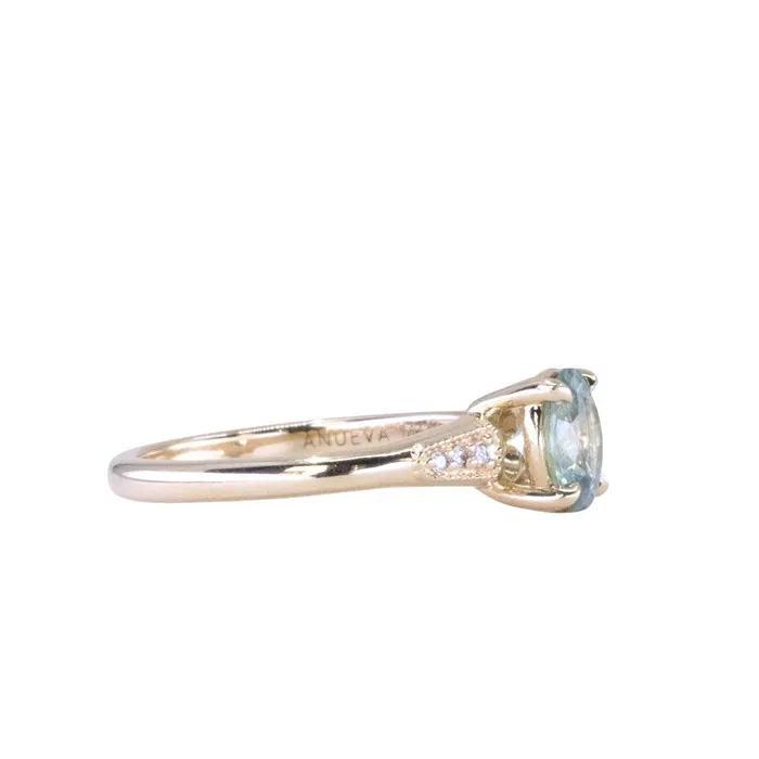 132ct Untreated Round BlueGreen Montana Sapphire Four Prong Low Profile Milgrain and Diamond Ring in 14k Yellow Gold Anueva Jewelry Rings