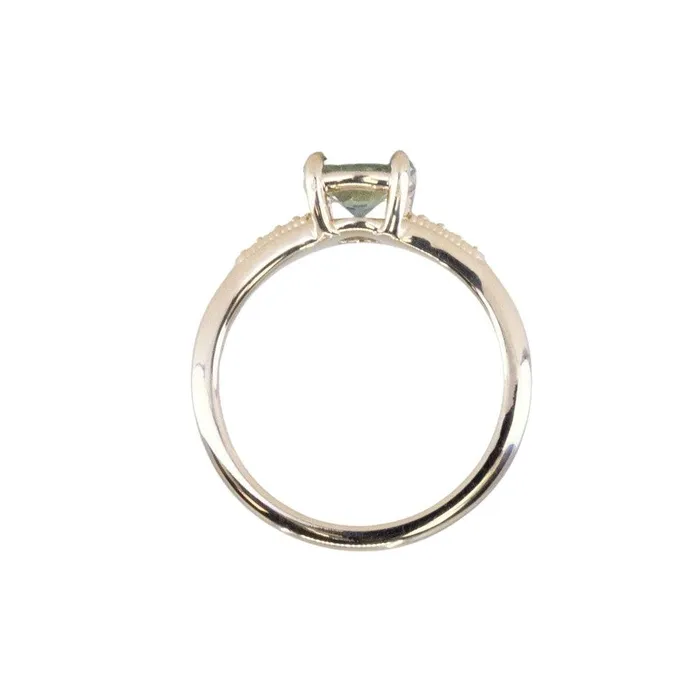 132ct Untreated Round BlueGreen Montana Sapphire Four Prong Low Profile Milgrain and Diamond Ring in 14k Yellow Gold Anueva Jewelry Rings