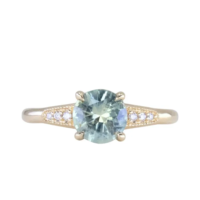 132ct Untreated Round BlueGreen Montana Sapphire Four Prong Low Profile Milgrain and Diamond Ring in 14k Yellow Gold Anueva Jewelry Rings
