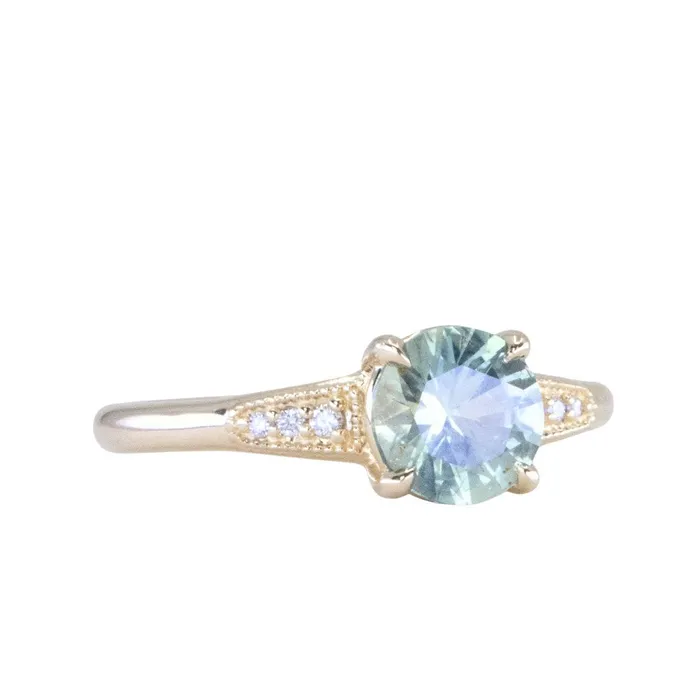 132ct Untreated Round BlueGreen Montana Sapphire Four Prong Low Profile Milgrain and Diamond Ring in 14k Yellow Gold Anueva Jewelry Rings