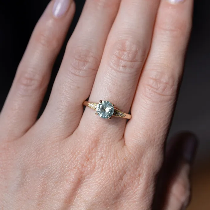 132ct Untreated Round BlueGreen Montana Sapphire Four Prong Low Profile Milgrain and Diamond Ring in 14k Yellow Gold Anueva Jewelry Rings