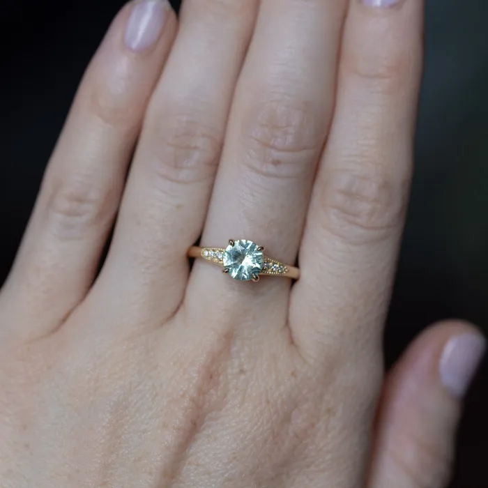 132ct Untreated Round BlueGreen Montana Sapphire Four Prong Low Profile Milgrain and Diamond Ring in 14k Yellow Gold Anueva Jewelry Rings