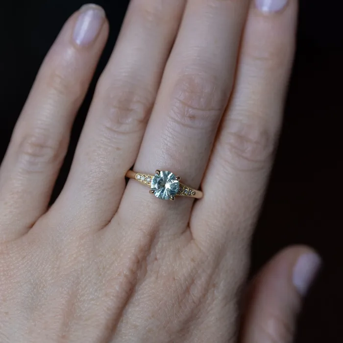 132ct Untreated Round BlueGreen Montana Sapphire Four Prong Low Profile Milgrain and Diamond Ring in 14k Yellow Gold Anueva Jewelry Rings