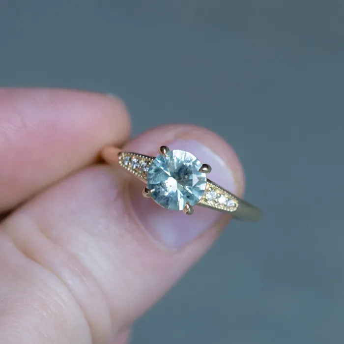 132ct Untreated Round BlueGreen Montana Sapphire Four Prong Low Profile Milgrain and Diamond Ring in 14k Yellow Gold Anueva Jewelry Rings