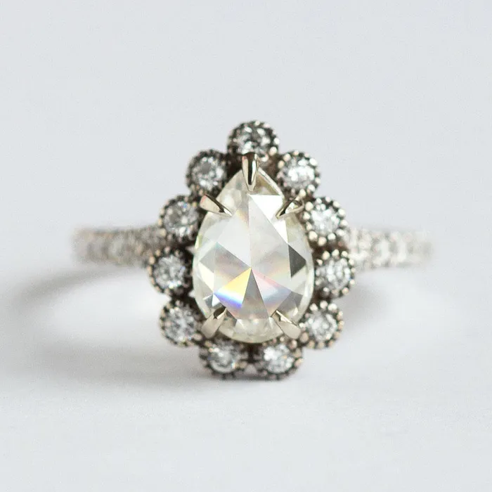 15ct Rosecut Moissanite Pear Engagement Ring in Black Rhodium White Gold Diamond Halo Antique Engagement Ring Vintage by Anueva Jewelry Anueva Jewelry Rings 15ct Rosecut Moissanite Pear Engagement Ring in Black Rhodium White Gold Diamond Halo Antique Engagement Ring Vintage by Anueva Jewelry Anueva Jewelry Rings