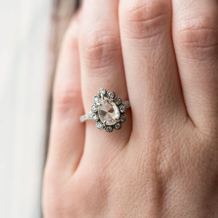 15ct Rosecut Moissanite Pear Engagement Ring in Black Rhodium White Gold Diamond Halo Antique Engagement Ring Vintage by Anueva Jewelry Anueva Jewelry Rings