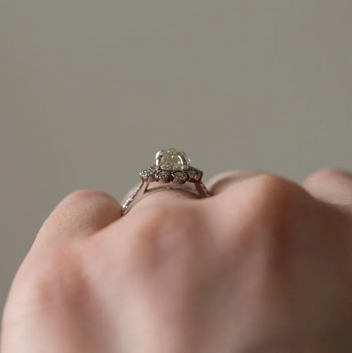15ct Rosecut Moissanite Pear Engagement Ring in Black Rhodium White Gold Diamond Halo Antique Engagement Ring Vintage by Anueva Jewelry Anueva Jewelry Rings