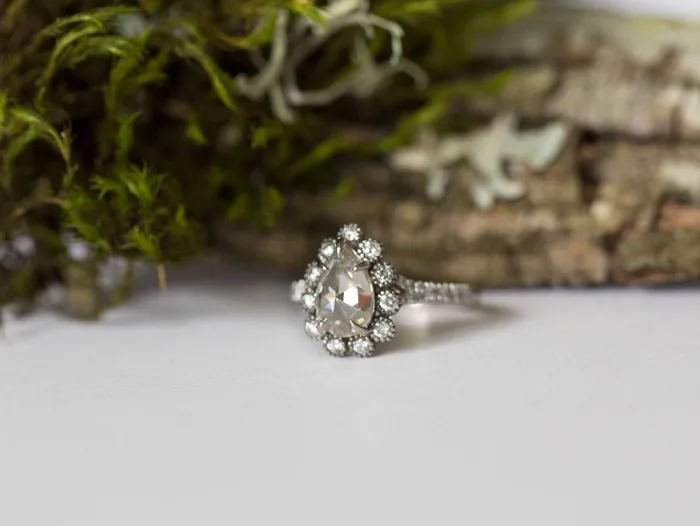 15ct Rosecut Moissanite Pear Engagement Ring in Black Rhodium White Gold Diamond Halo Antique Engagement Ring Vintage by Anueva Jewelry Anueva Jewelry Rings
