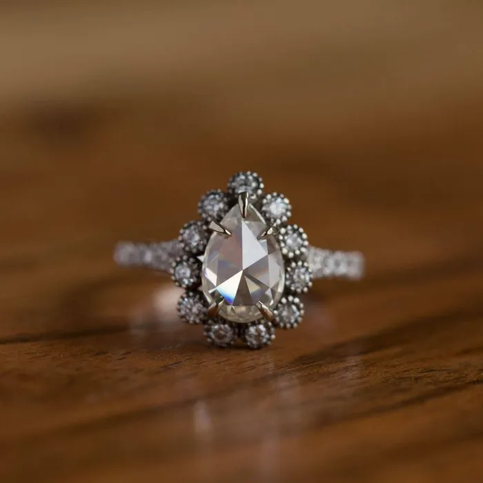 15ct Rosecut Moissanite Pear Engagement Ring in Black Rhodium White Gold Diamond Halo Antique Engagement Ring Vintage by Anueva Jewelry Anueva Jewelry Rings