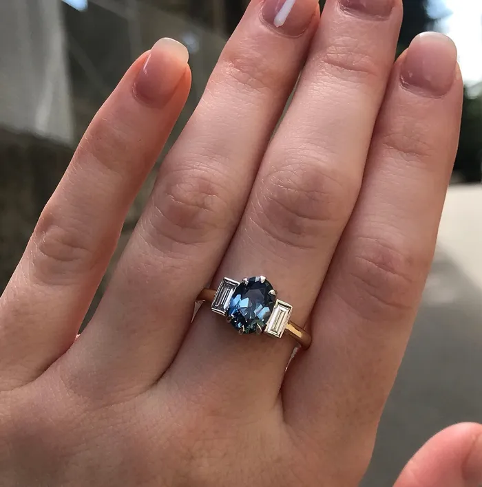 196ct Oval Sapphire and Baguette Diamond Three Stone Ring In 18k Yellow And Platinum Anueva Jewelry Rings