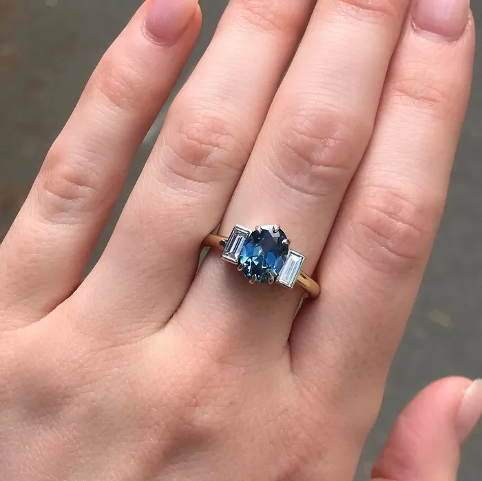 196ct Oval Sapphire and Baguette Diamond Three Stone Ring In 18k Yellow And Platinum Anueva Jewelry Rings