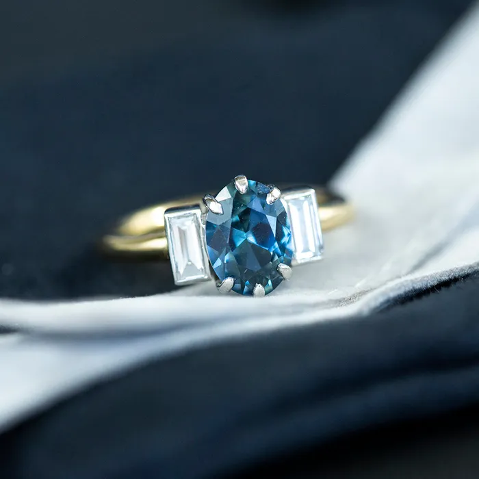 196ct Oval Sapphire and Baguette Diamond Three Stone Ring In 18k Yellow And Platinum Anueva Jewelry Rings