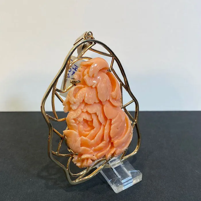 14K Yellow Gold Handcarved Angelskin Coral Peony Pendant Moriartys Gem Art PreStyled Sets