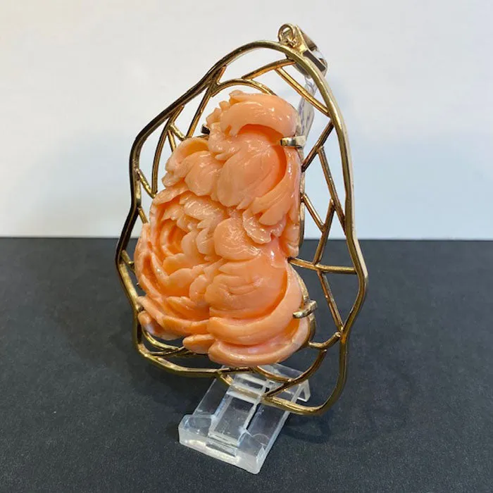 14K Yellow Gold Handcarved Angelskin Coral Peony Pendant Moriartys Gem Art PreStyled Sets