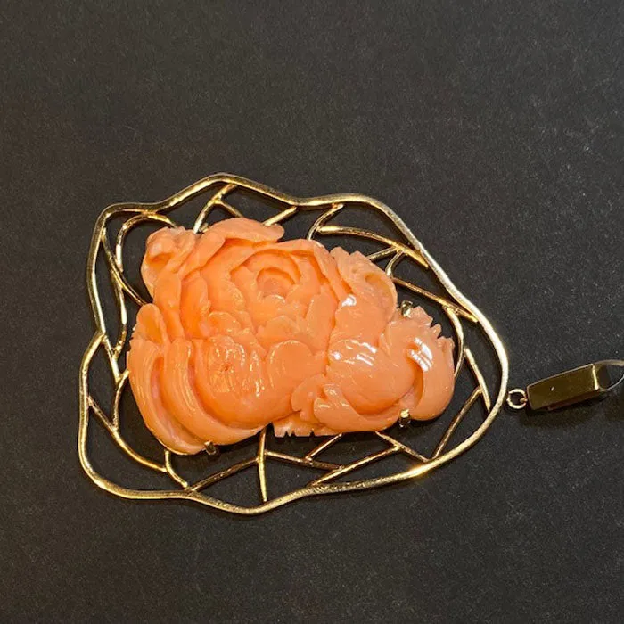 14K Yellow Gold Handcarved Angelskin Coral Peony Pendant Moriartys Gem Art PreStyled Sets