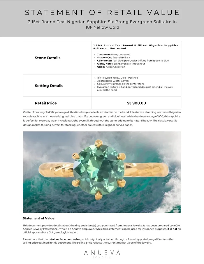 215ct Round Teal Nigerian Sapphire Six Prong Evergreen Solitaire in 18k Yellow Gold Anueva Jewelry PreStyled Sets