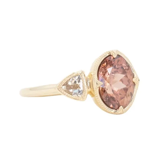 285ct Dusty Rose and Champagne Zircon Three Stone Antique Milgrain Low Profile Ring in 14k Yellow Gold Anueva Jewelry Rings