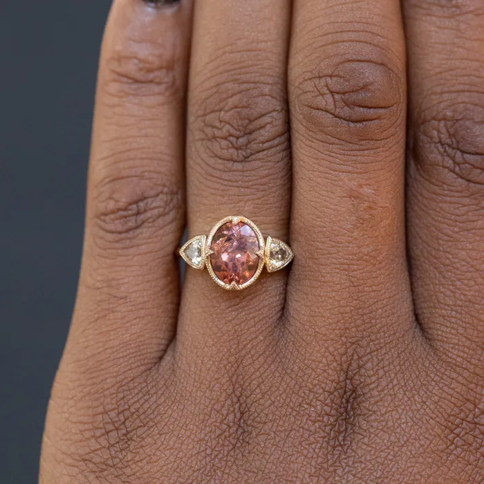 285ct Dusty Rose and Champagne Zircon Three Stone Antique Milgrain Low Profile Ring in 14k Yellow Gold Anueva Jewelry Rings