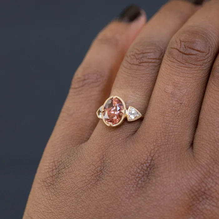 285ct Dusty Rose and Champagne Zircon Three Stone Antique Milgrain Low Profile Ring in 14k Yellow Gold Anueva Jewelry Rings
