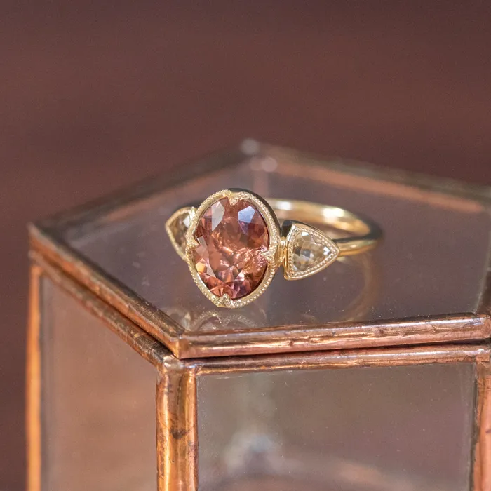 285ct Dusty Rose and Champagne Zircon Three Stone Antique Milgrain Low Profile Ring in 14k Yellow Gold Anueva Jewelry Rings