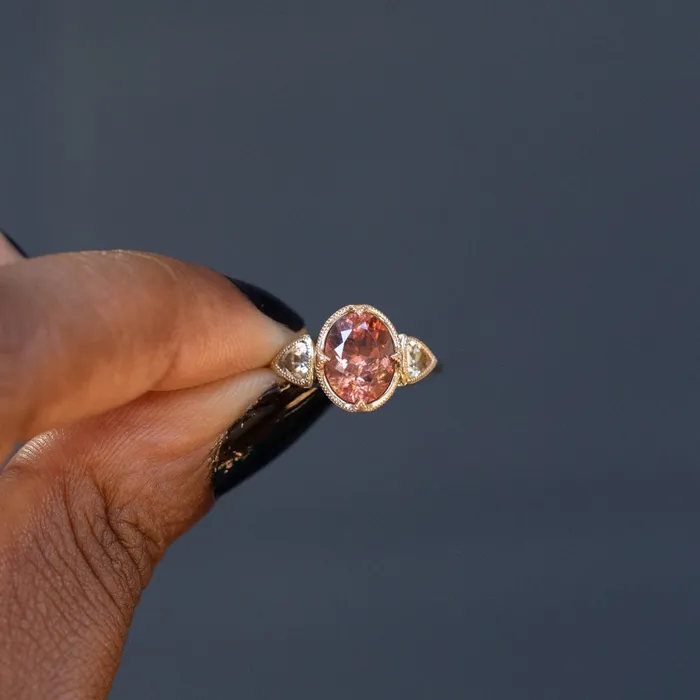285ct Dusty Rose and Champagne Zircon Three Stone Antique Milgrain Low Profile Ring in 14k Yellow Gold Anueva Jewelry Rings