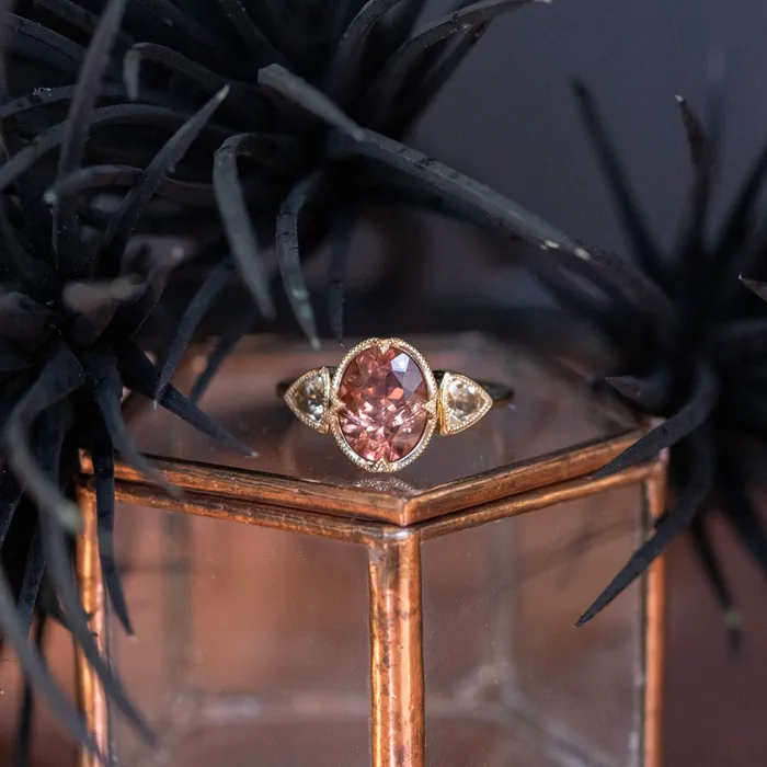 285ct Dusty Rose and Champagne Zircon Three Stone Antique Milgrain Low Profile Ring in 14k Yellow Gold Anueva Jewelry Rings