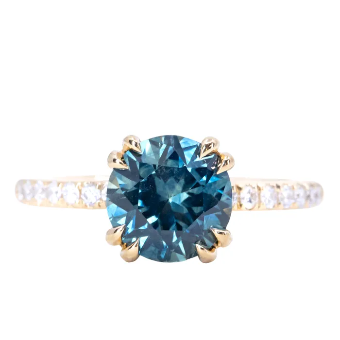 Anueva Jewelry 249ct Round Teal Blue Montana Sapphire Double Claw Prong Solitaire with French Diamonds in 18k Yellow Gold PreStyled Sets Anueva Jewelry 249ct Round Teal Blue Montana Sapphire Double Claw Prong Solitaire with French Diamonds in 18k Yellow Gold PreStyled Sets