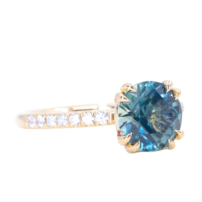 Anueva Jewelry 249ct Round Teal Blue Montana Sapphire Double Claw Prong Solitaire with French Diamonds in 18k Yellow Gold PreStyled Sets