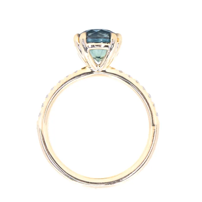 Anueva Jewelry 249ct Round Teal Blue Montana Sapphire Double Claw Prong Solitaire with French Diamonds in 18k Yellow Gold PreStyled Sets