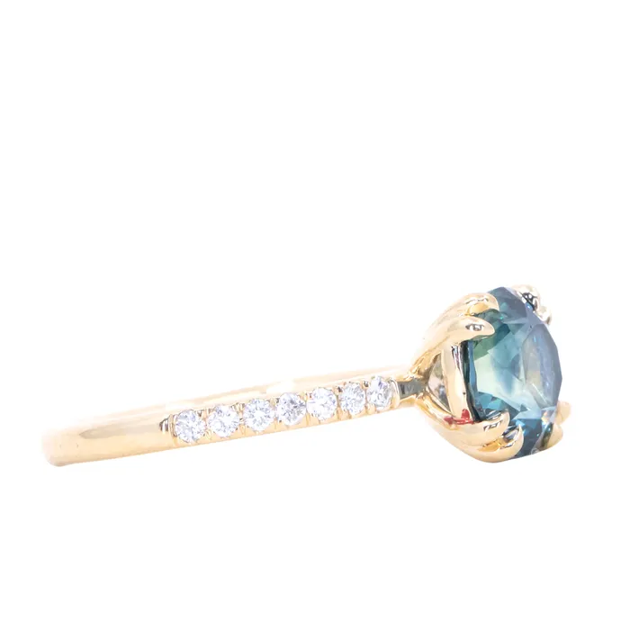 Anueva Jewelry 249ct Round Teal Blue Montana Sapphire Double Claw Prong Solitaire with French Diamonds in 18k Yellow Gold PreStyled Sets