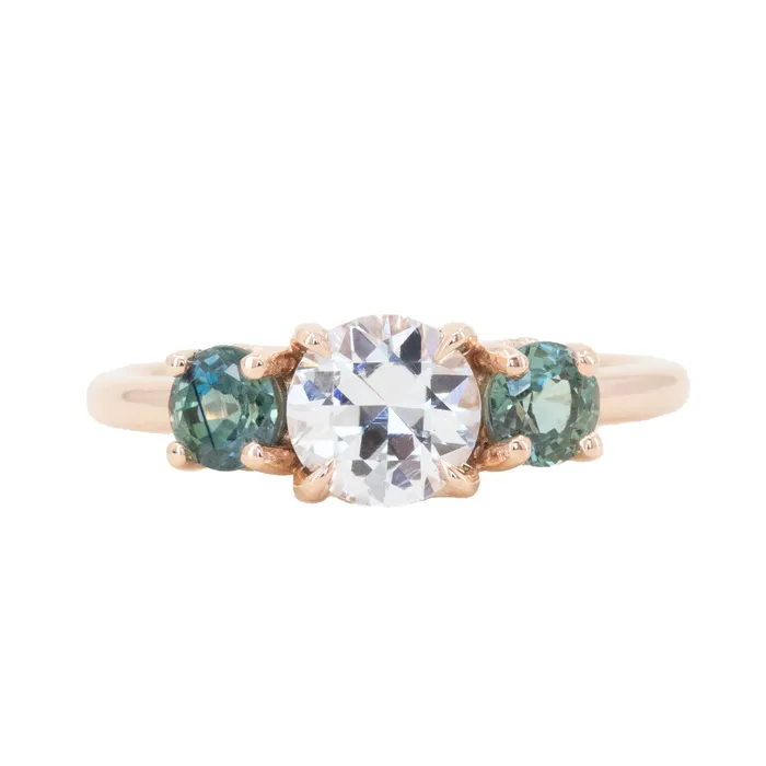Anueva Jewelry Rings 102ct White Sapphire and Green Sapphire Three Stone Ring in 14k Rose Gold Anueva Jewelry Rings 102ct White Sapphire and Green Sapphire Three Stone Ring in 14k Rose Gold