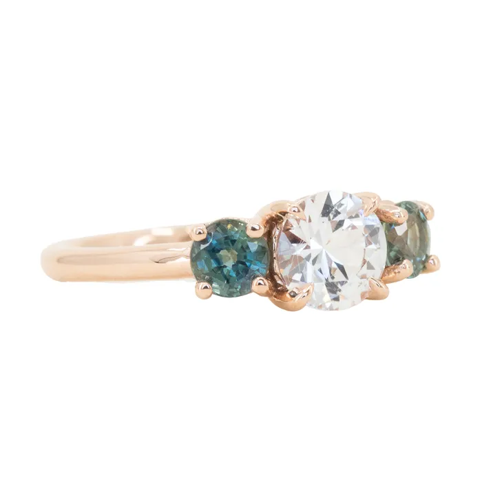 Anueva Jewelry Rings 102ct White Sapphire and Green Sapphire Three Stone Ring in 14k Rose Gold