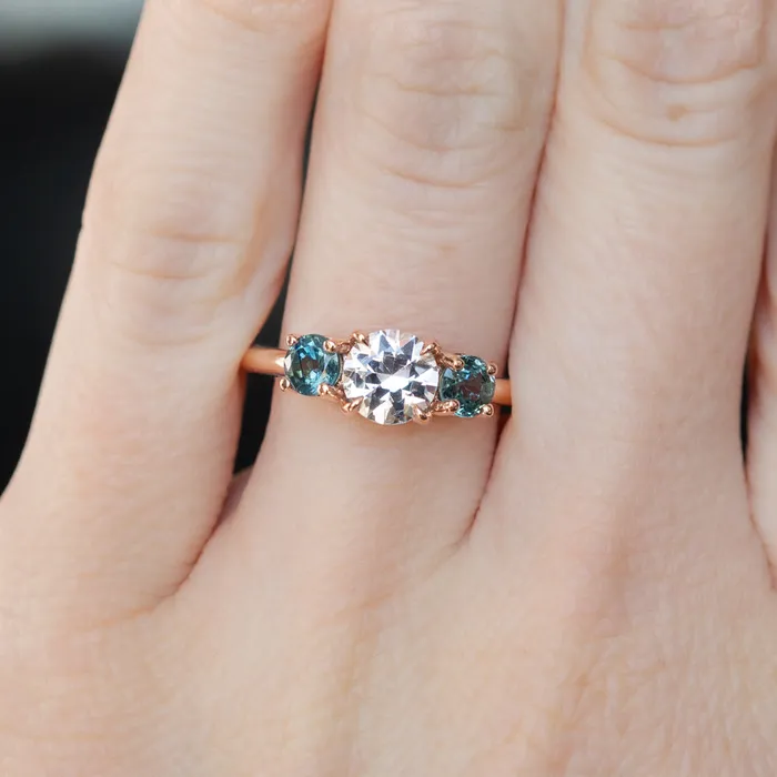 Anueva Jewelry Rings 102ct White Sapphire and Green Sapphire Three Stone Ring in 14k Rose Gold