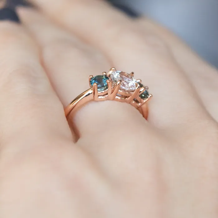 Anueva Jewelry Rings 102ct White Sapphire and Green Sapphire Three Stone Ring in 14k Rose Gold