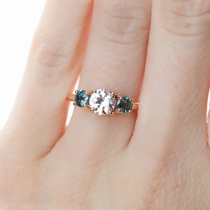Anueva Jewelry Rings 102ct White Sapphire and Green Sapphire Three Stone Ring in 14k Rose Gold