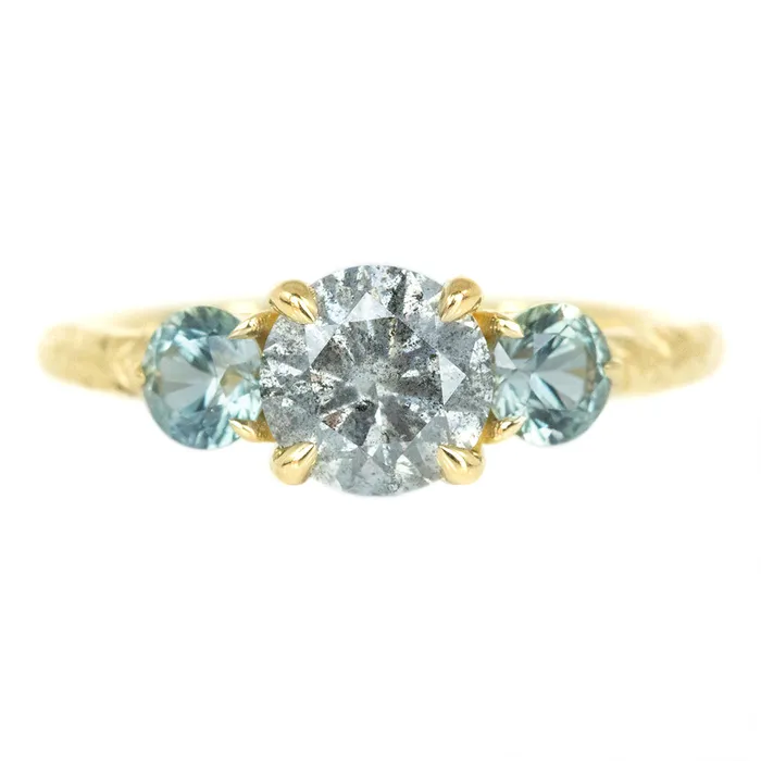 Anueva Jewelry Rings 107ct Round Salt And Pepper Diamond Three Stone Ring With Montana Sapphire Side Stones In 14k Yellow Gold Anueva Jewelry Rings 107ct Round Salt And Pepper Diamond Three Stone Ring With Montana Sapphire Side Stones In 14k Yellow Gold