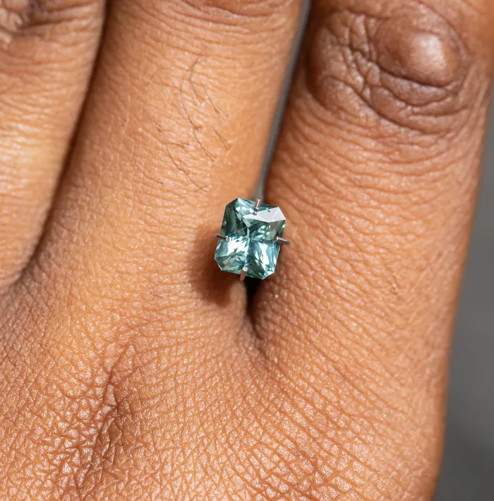 Anueva Jewelry Rings 120ct Radiant Cut Seafoam Montana Sapphire Split Shank Bezel Ring with Milgrain in 14k Yellow Gold