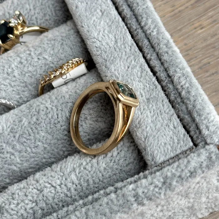 Anueva Jewelry Rings 120ct Radiant Cut Seafoam Montana Sapphire Split Shank Bezel Ring with Milgrain in 14k Yellow Gold