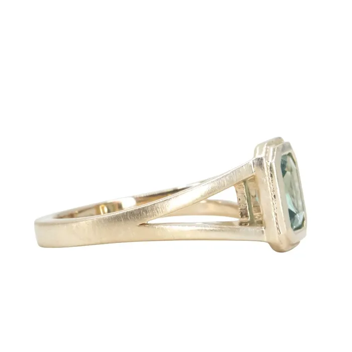 Anueva Jewelry Rings 120ct Radiant Cut Seafoam Montana Sapphire Split Shank Bezel Ring with Milgrain in 14k Yellow Gold