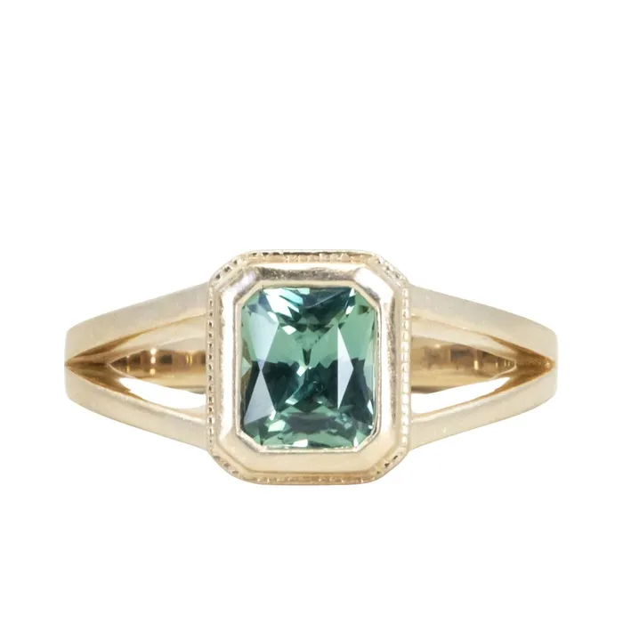 Anueva Jewelry Rings 120ct Radiant Cut Seafoam Montana Sapphire Split Shank Bezel Ring with Milgrain in 14k Yellow Gold