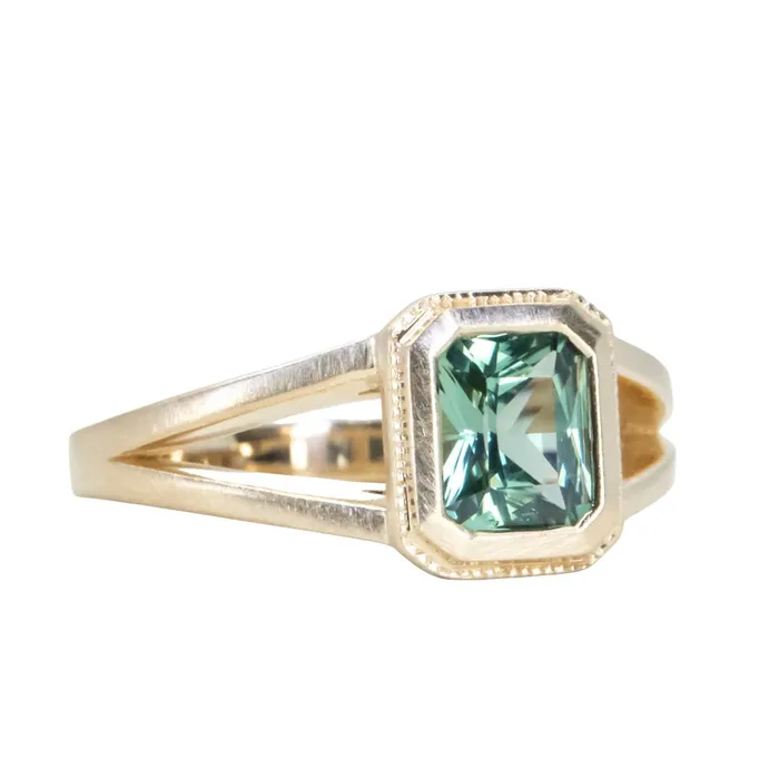 Anueva Jewelry Rings 120ct Radiant Cut Seafoam Montana Sapphire Split Shank Bezel Ring with Milgrain in 14k Yellow Gold