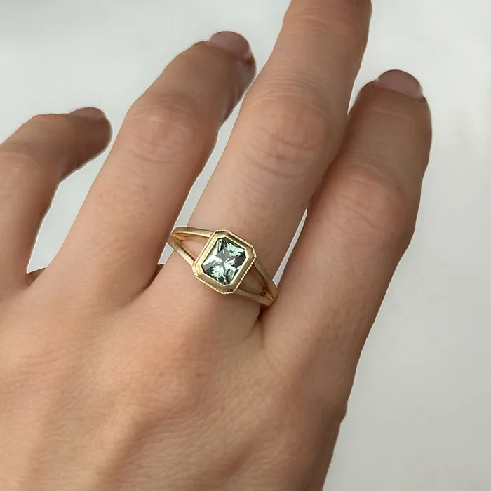 Anueva Jewelry Rings 120ct Radiant Cut Seafoam Montana Sapphire Split Shank Bezel Ring with Milgrain in 14k Yellow Gold