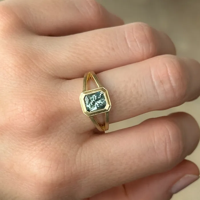 Anueva Jewelry Rings 120ct Radiant Cut Seafoam Montana Sapphire Split Shank Bezel Ring with Milgrain in 14k Yellow Gold