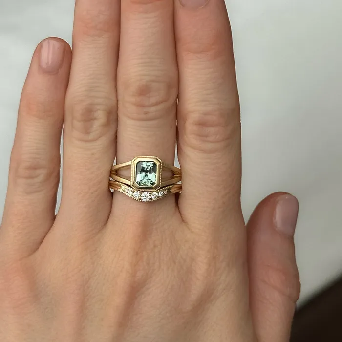 Anueva Jewelry Rings 120ct Radiant Cut Seafoam Montana Sapphire Split Shank Bezel Ring with Milgrain in 14k Yellow Gold